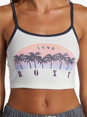 Roxy White Ribbed Crop Tank with Navy Trim and Sunset Palm Print